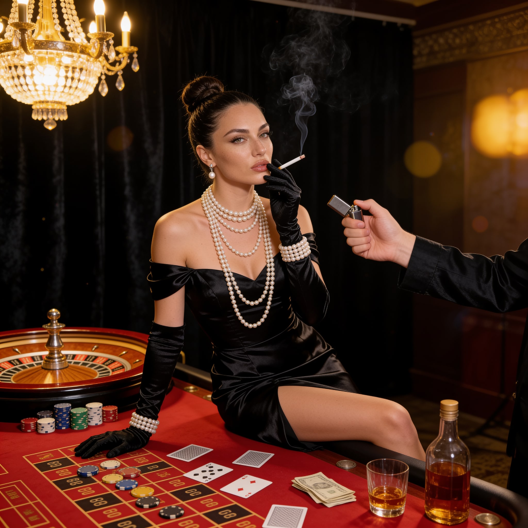 Photorealistic casino portrait preview with the reviewed outfit, pose, setting, lighting, and camera framing.