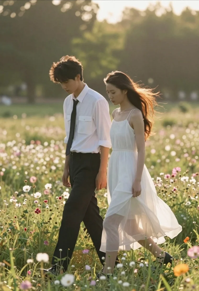 A young couple walking side by side through a vibrant field of wildflowers under warm golden hour sunlight.