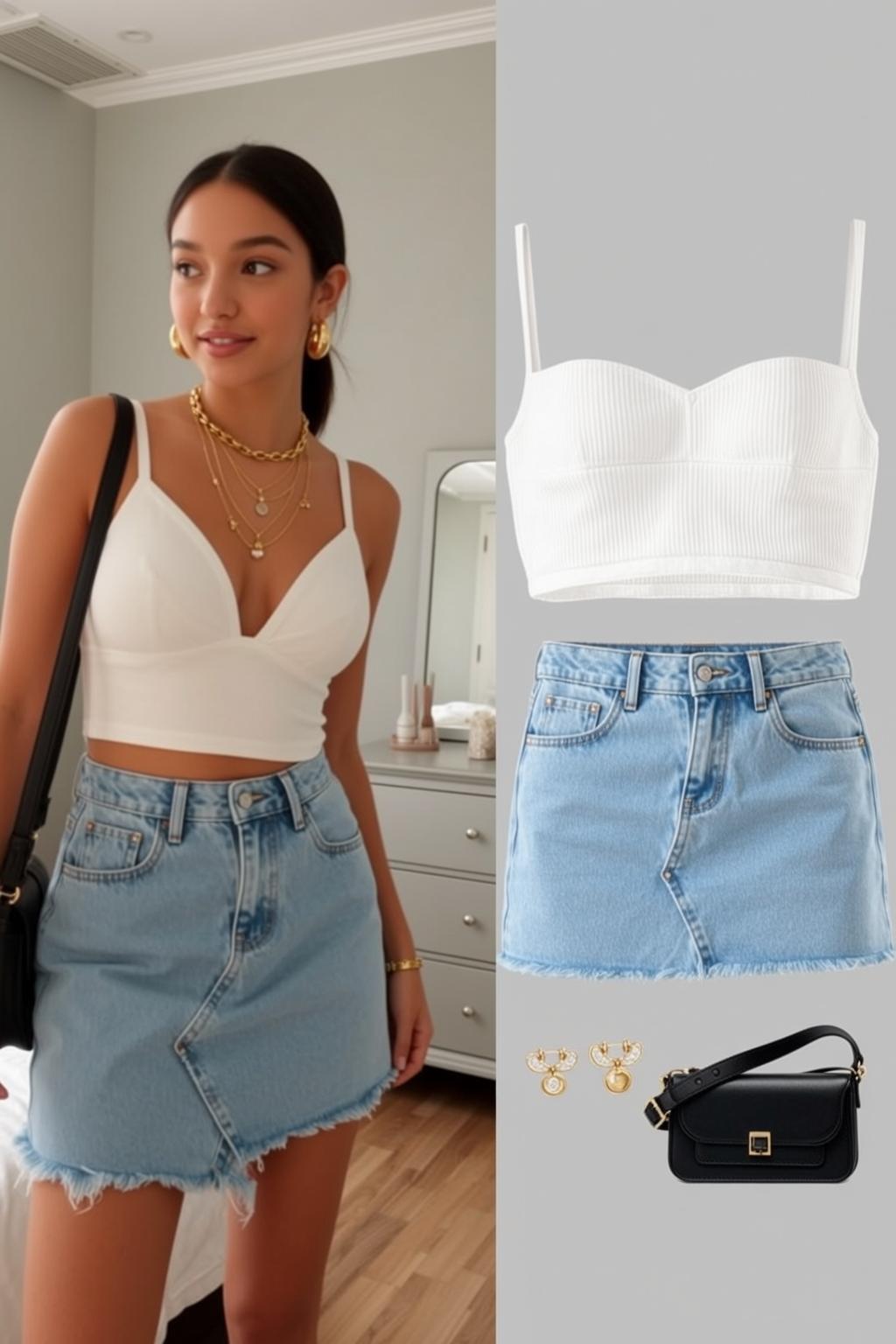 White Ribbed Crop Top Denim Skirt