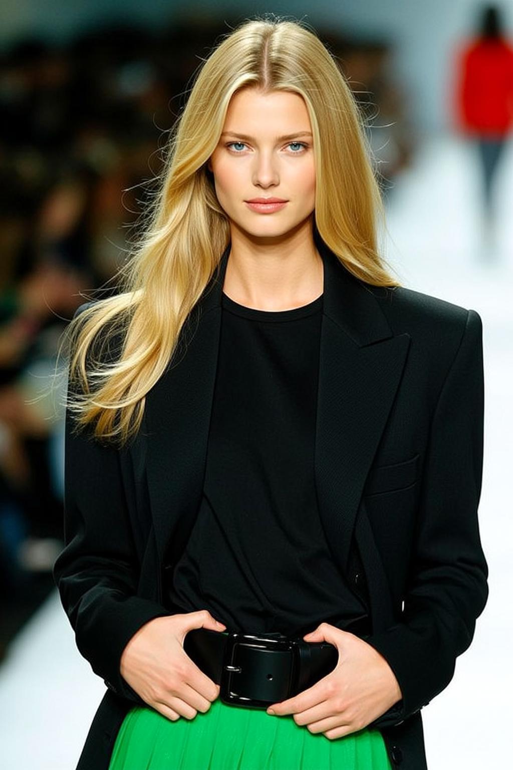 Blonde Model Runway Black Blazer Green Skirt