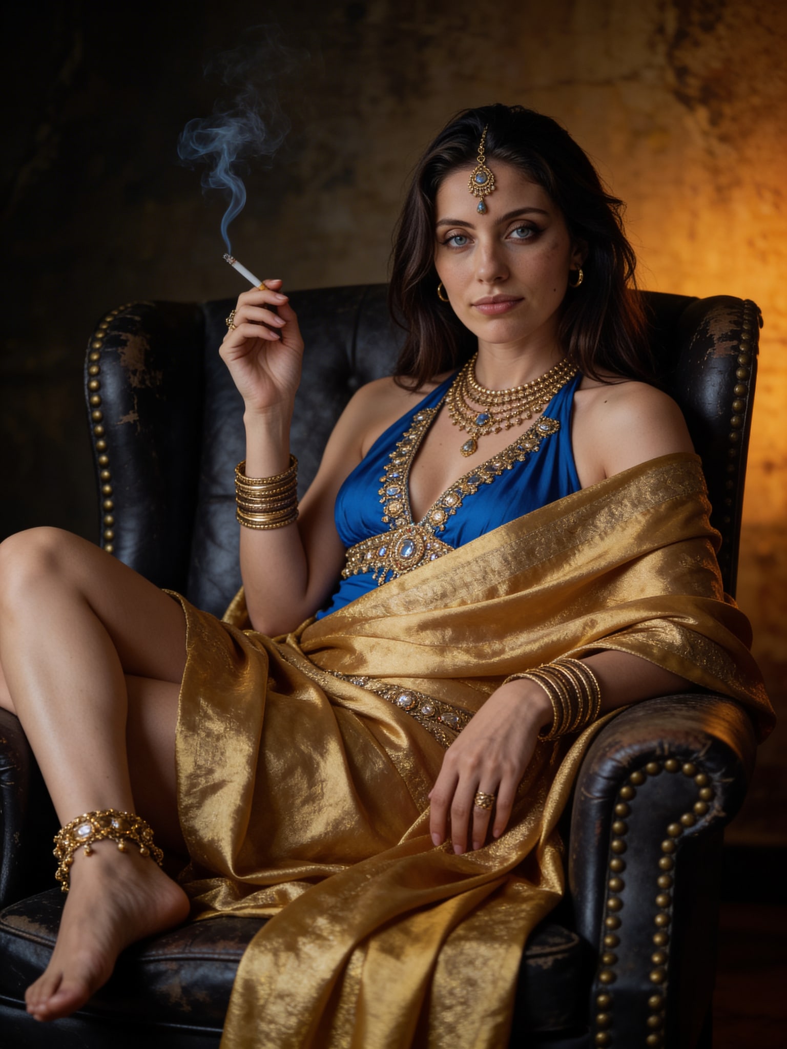 A striking portrait of Maya Sikand in a royal blue bodice, exuding confidence amid swirling blue-grey smoke.