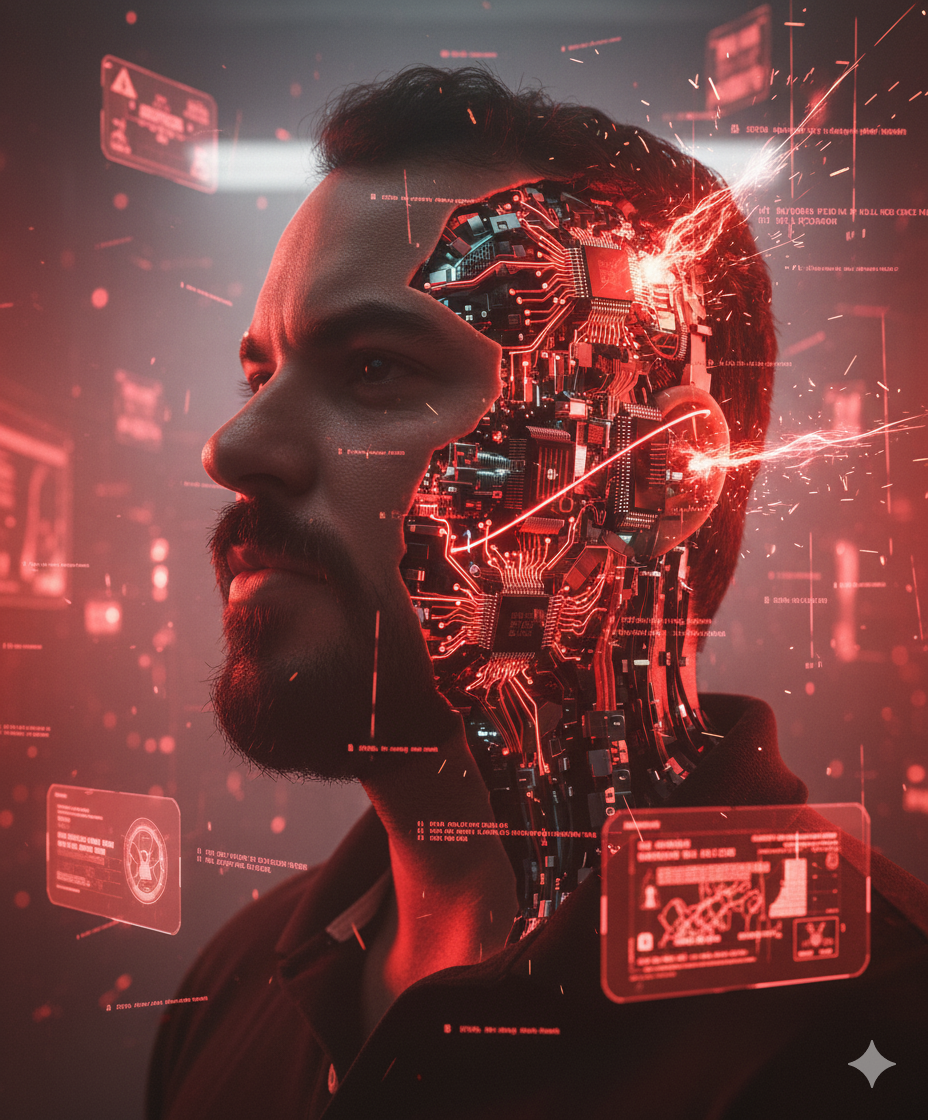 A portrait showcasing a futuristic human face with glowing red cybernetic circuits visible through torn skin, set in an emergency lab.
