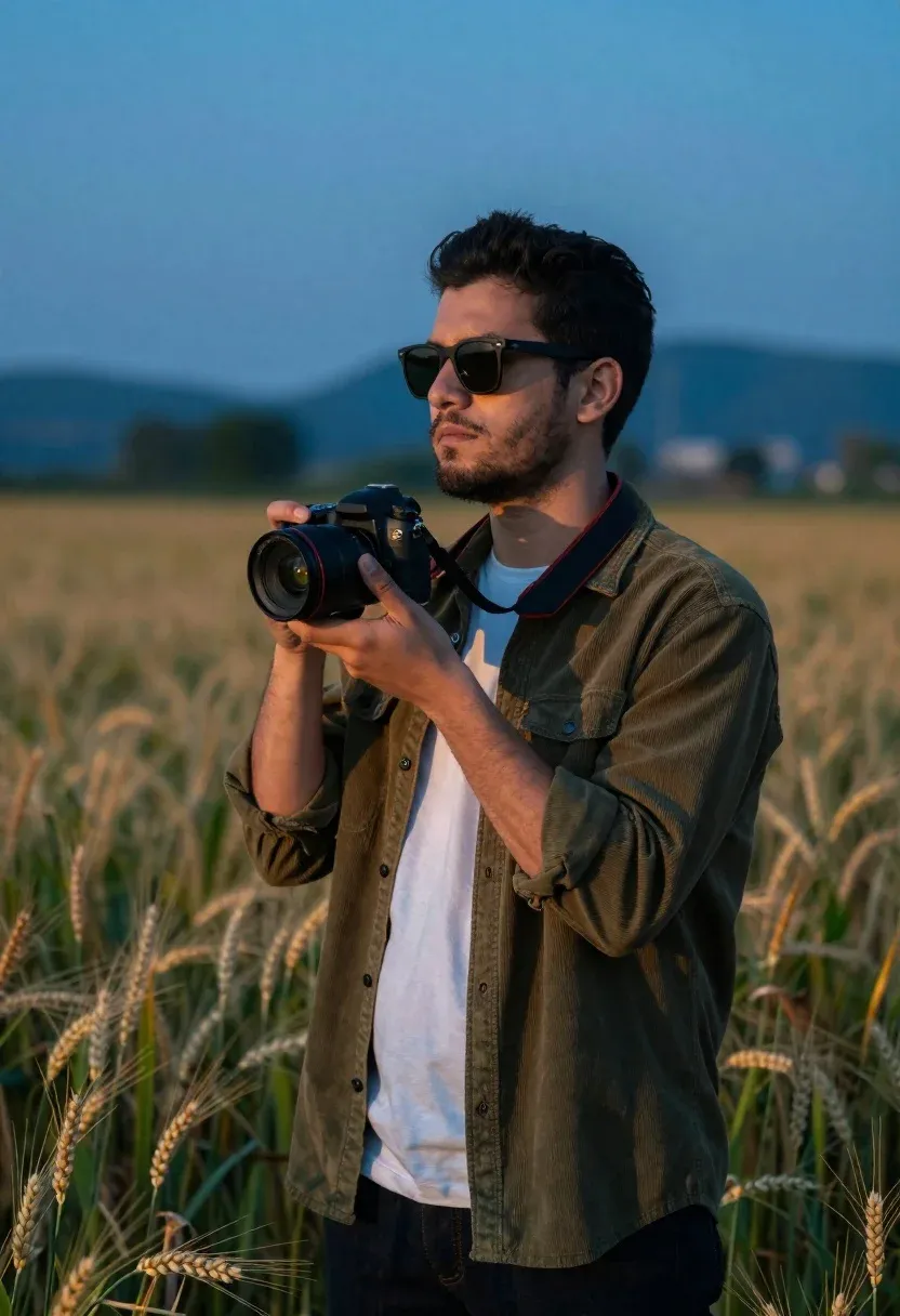 Man Stands Field Tall Grass Holding Professional Camera While Looking