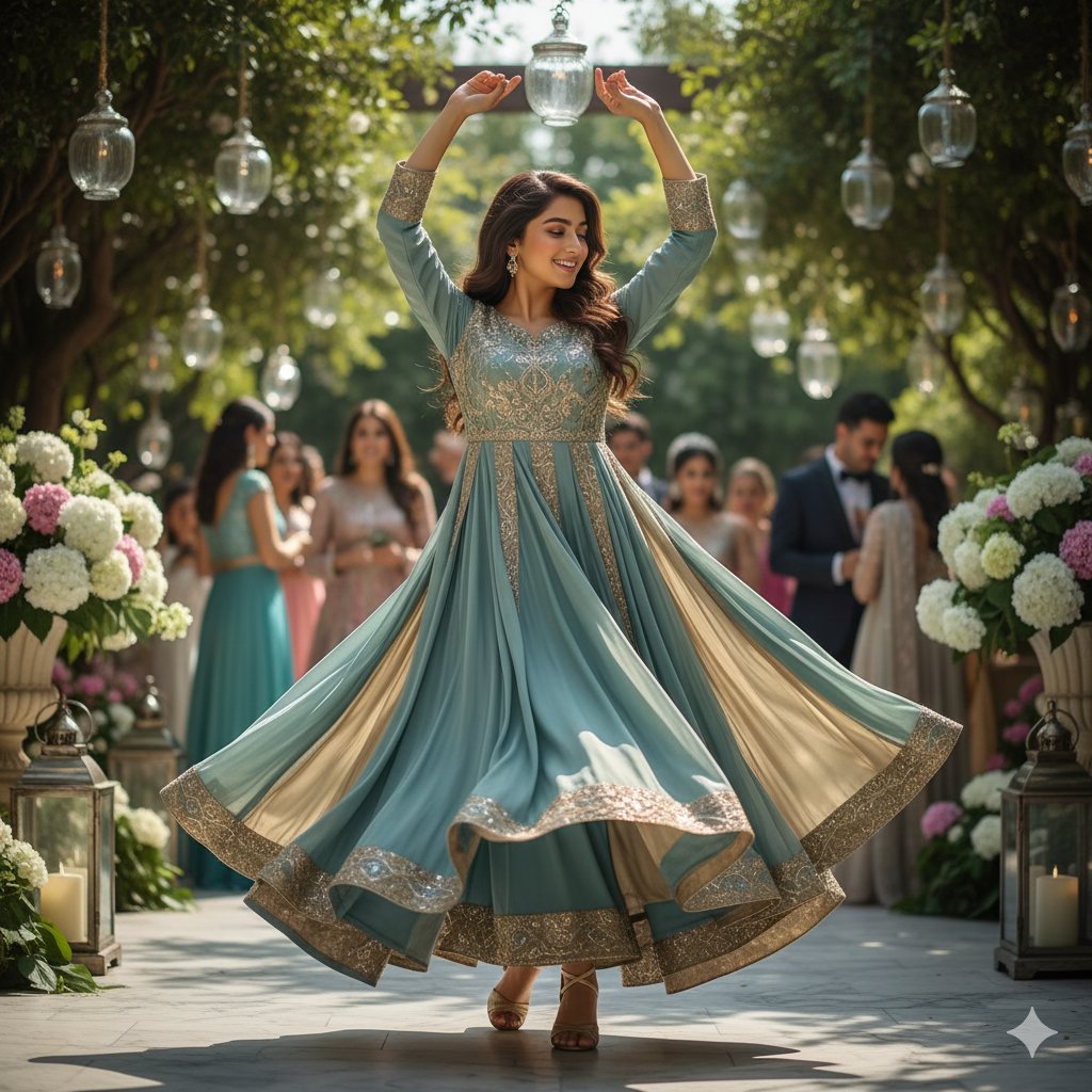 A hyper-realistic portrait of a dancer in an elegant dress, captured in motion at a sunny outdoor party.