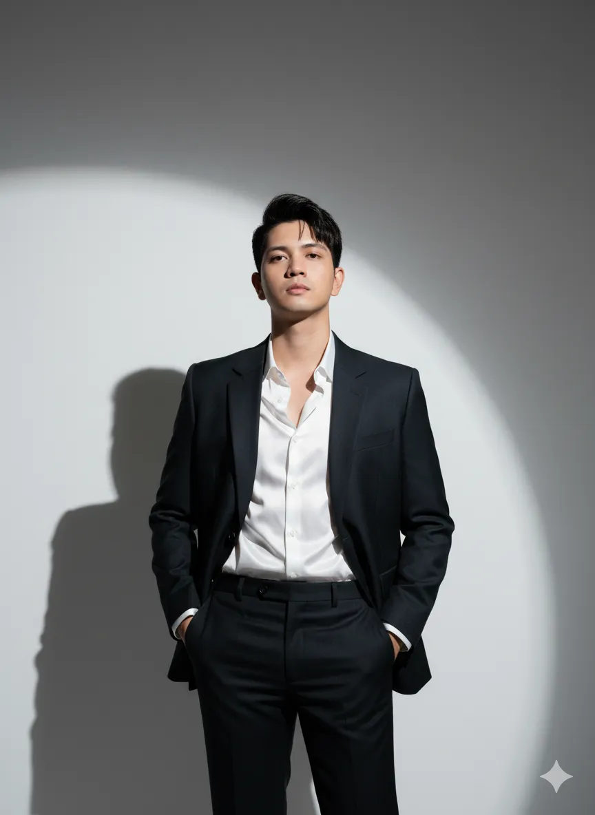 A hyper-realistic portrait of a man in a slate luxury suit, hands in pockets, relaxed and confident, against a dramatic spotlight backdrop.