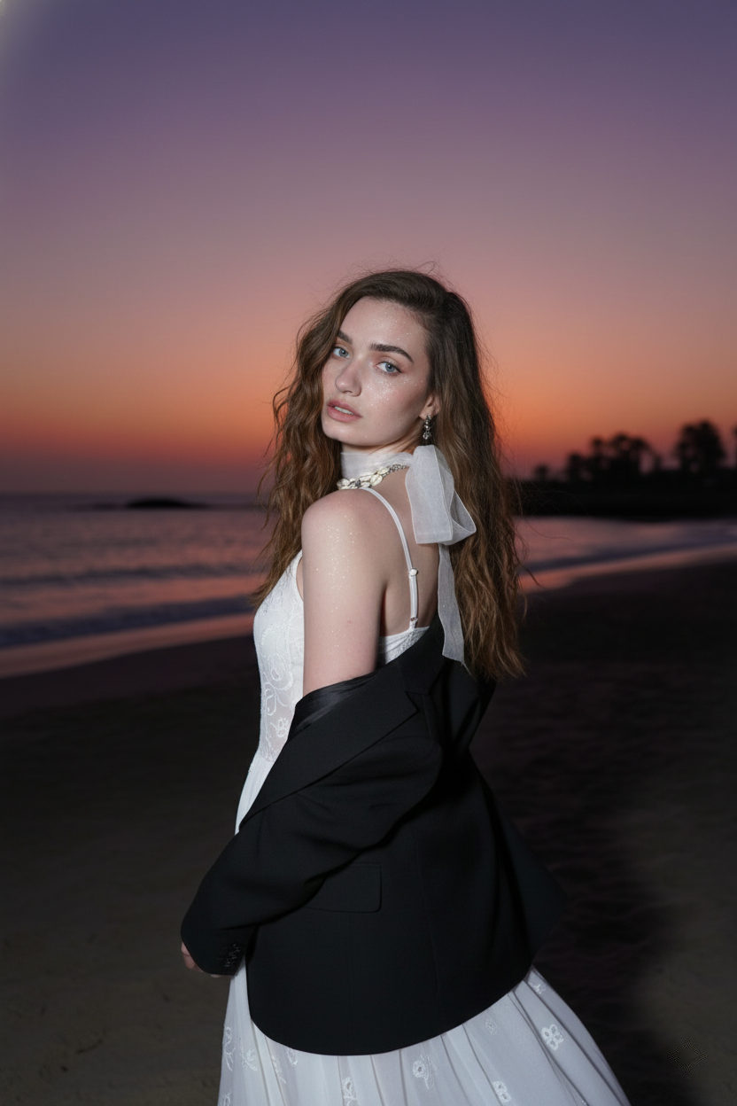 A woman in an oversized blazer and tube top poses on a beach at dusk, illuminated by a flash, with a purple and red sunset backdrop.