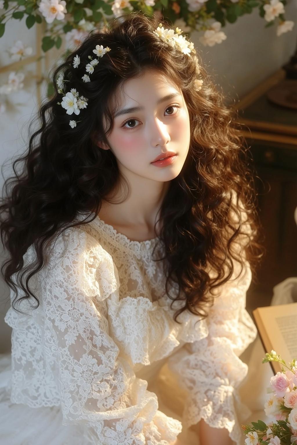 Fairycore Young Long Dark Curly White Flowers