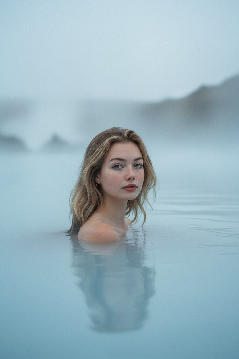 A cinematic portrait set in a blue geothermal lagoon with mist surrounding the subject's shoulders.