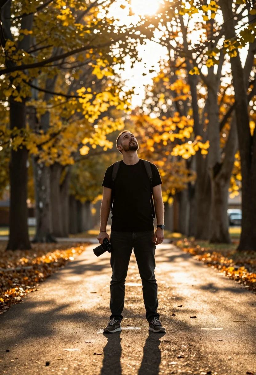 Man Stands The Center Tree-lined Path Bathed Golden Sunlight Subject