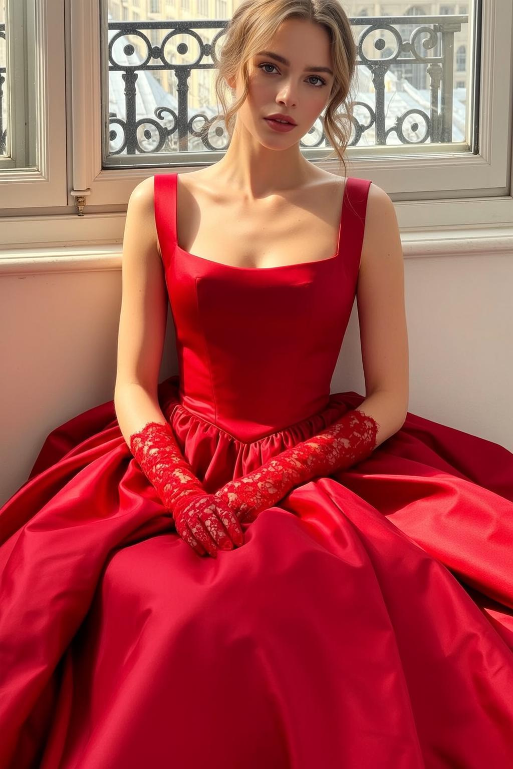 Red Satin Gown Lace Gloves
