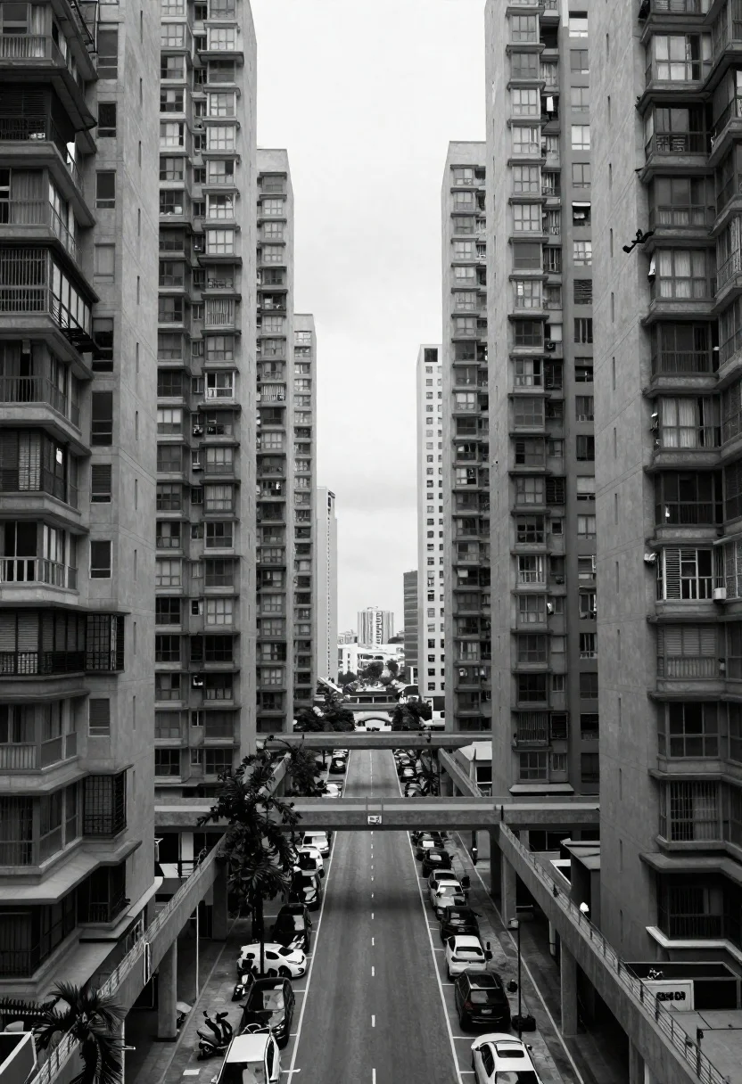 Photorealistic Black And White Architectural Photography Dense Urban Canyon Created reference photo
