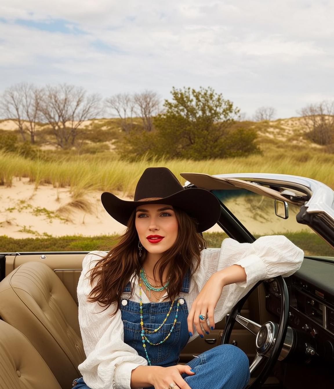 Cowgirl Seated Driver Seat Convertible Car Her