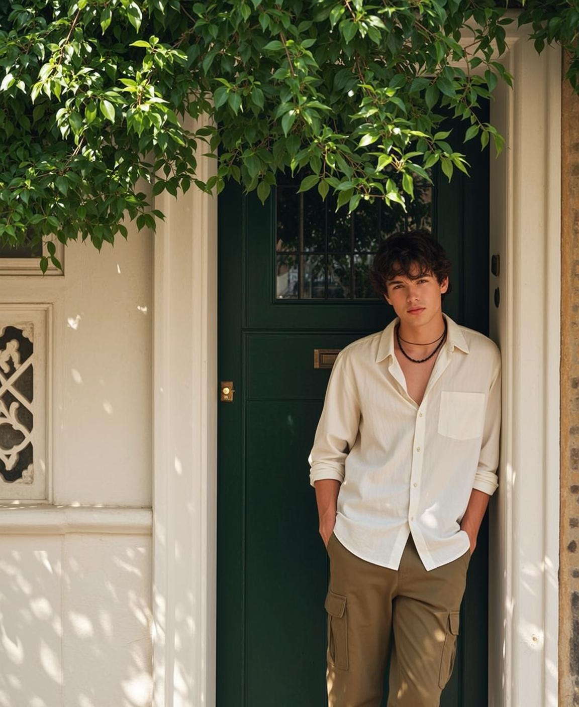 World Young Leans Casually Against White Doorframe
