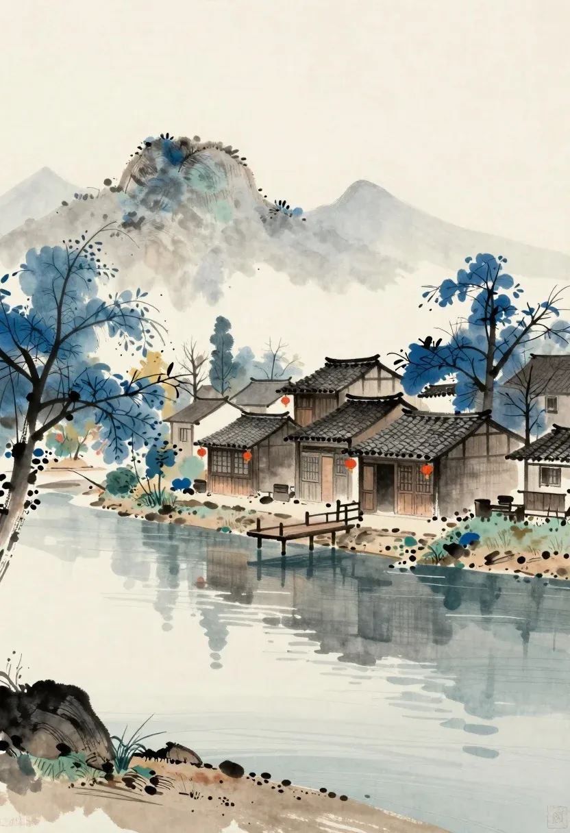 Serene Watercolor Landscape Depicting Traditional Riverside Village With Blue-leafed Trees