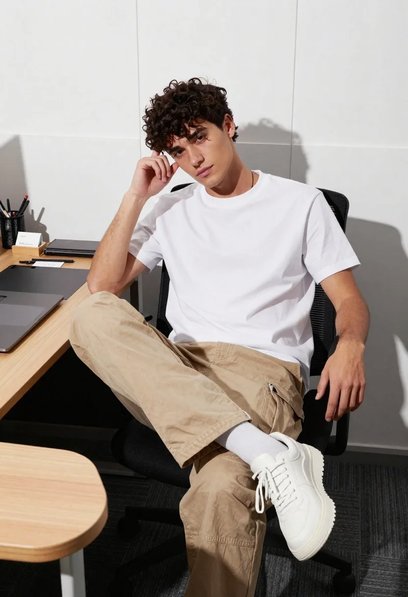 A young man with dark curly hair sitting casually in a black office chair, foot on a light wooden table, bright lighting highlighting textures.