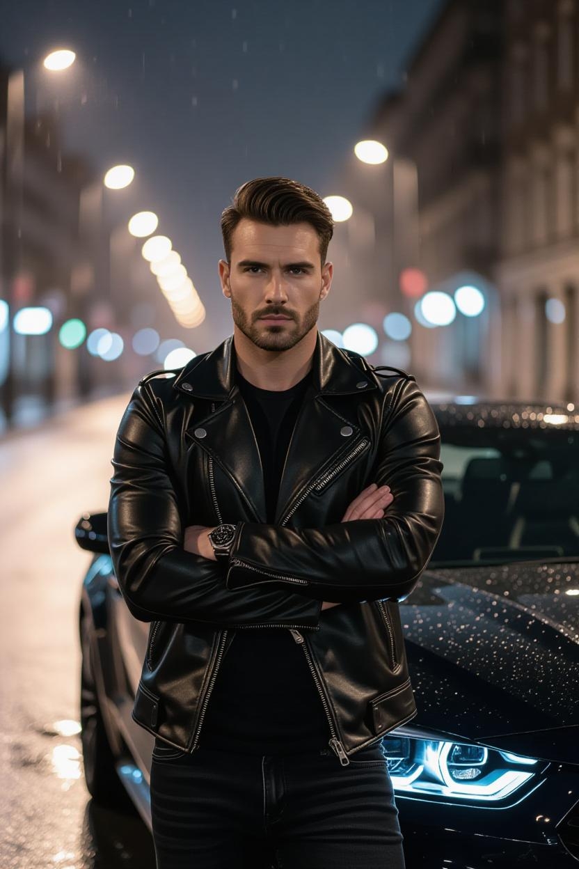 A muscular man in a black leather jacket leans against a sleek black sports car, illuminated by soft streetlights and glowing bokeh in the background.