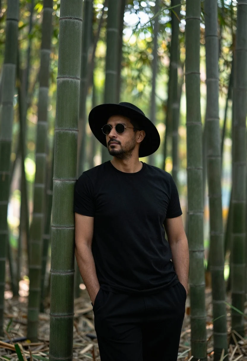 Photorealistic Portrait Man Standing Dense Bamboo Forest With Sunlight Filtering reference photo