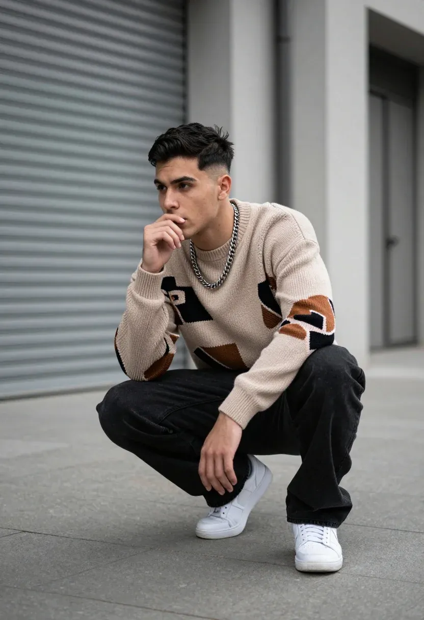Man Crouching Contemplative Pose Against Urban Backdrop Subject Young Man