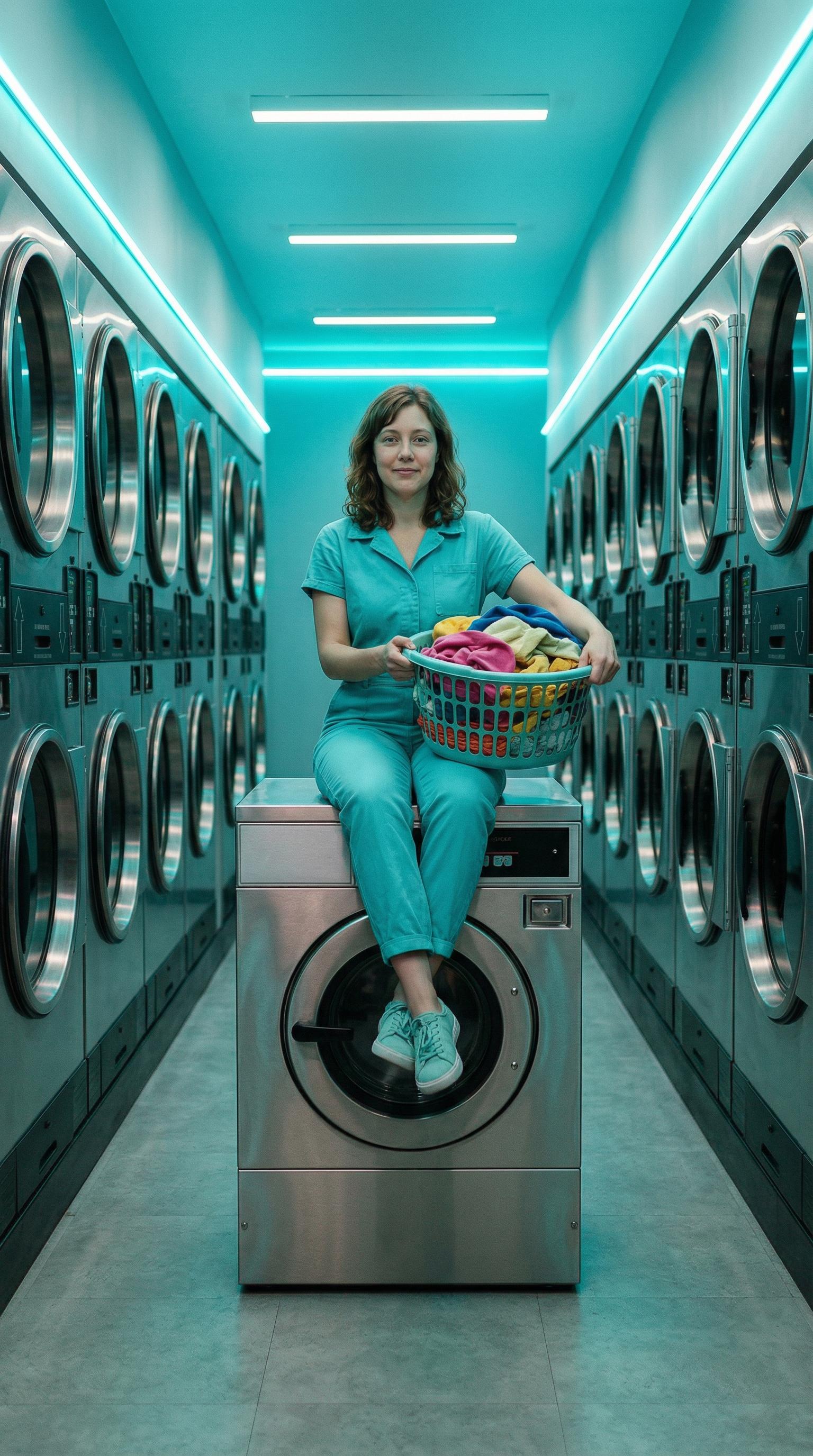 Retro Futuristic Outfit Sitting Washing Machine Laundry Basket