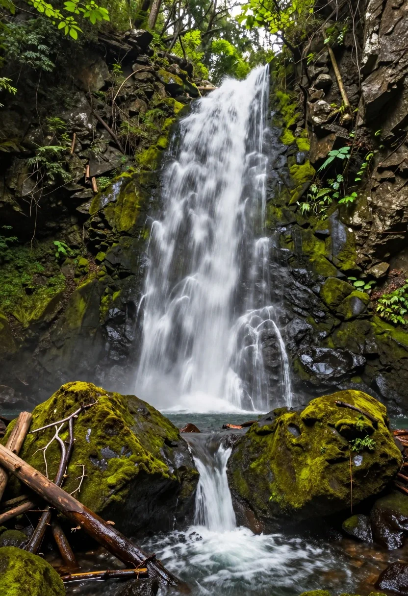 Majestic Multi-stream Waterfall Cascading Down Moss-covered Rock Formations Lush Forest