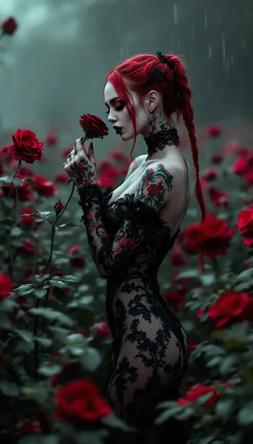 A very pale female model with black and red makeup holding a rose in a field of black with red roses, wearing a sheer, lace gown.