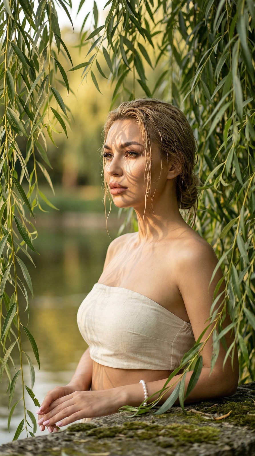 Cinematic portrait of a woman surrounded by willow branches, warm light. She looks away with a soft shadow on her face.