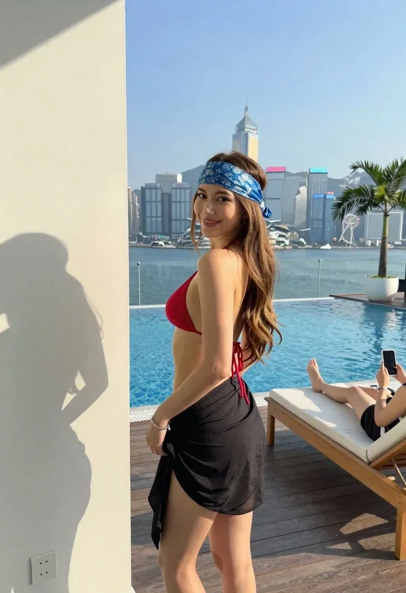 Woman Stands Wooden Deck Beside Infinity Pool Smiling The Camera