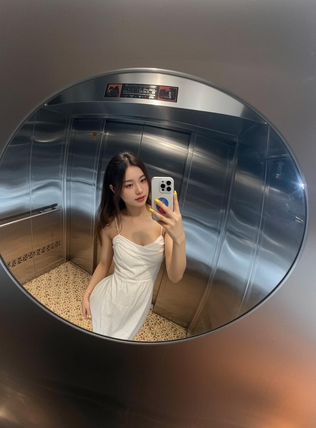 White Dress Holding Phone In Elevator Mirror