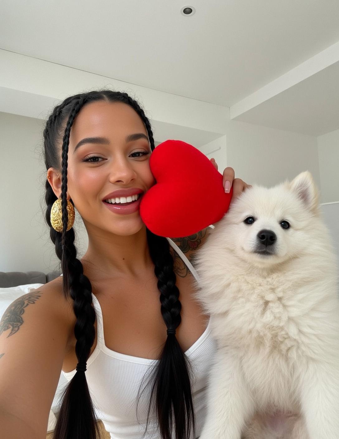 Explore Holding Red Heart-shaped Plush Toy Her