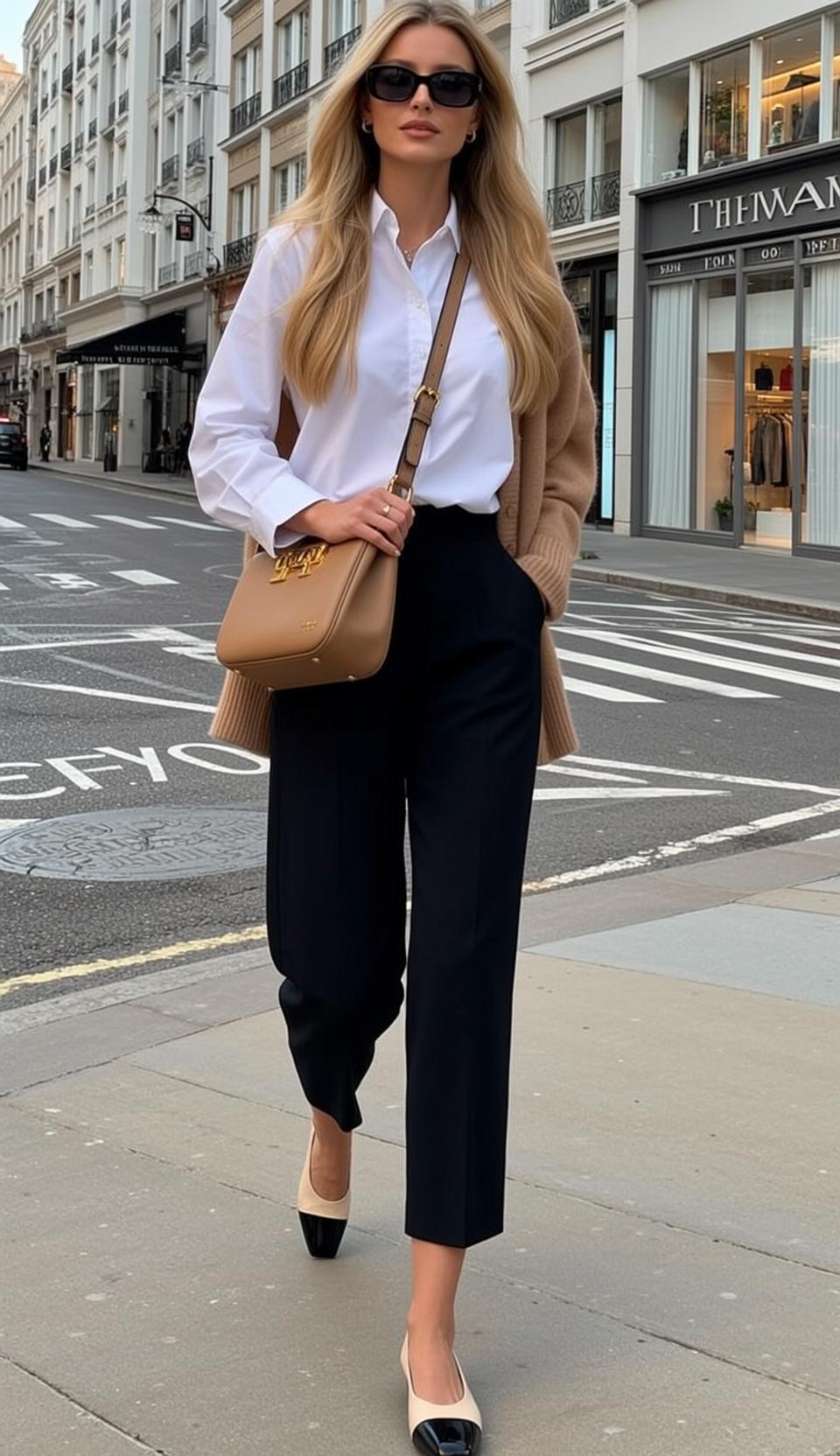 Walking City Street White Shirt Black Pants