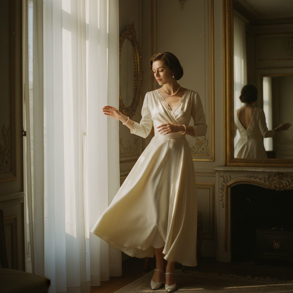 An ethereal woman in a flowing 1950s silk dress, captured in soft morning light, surrounded by vintage decor.