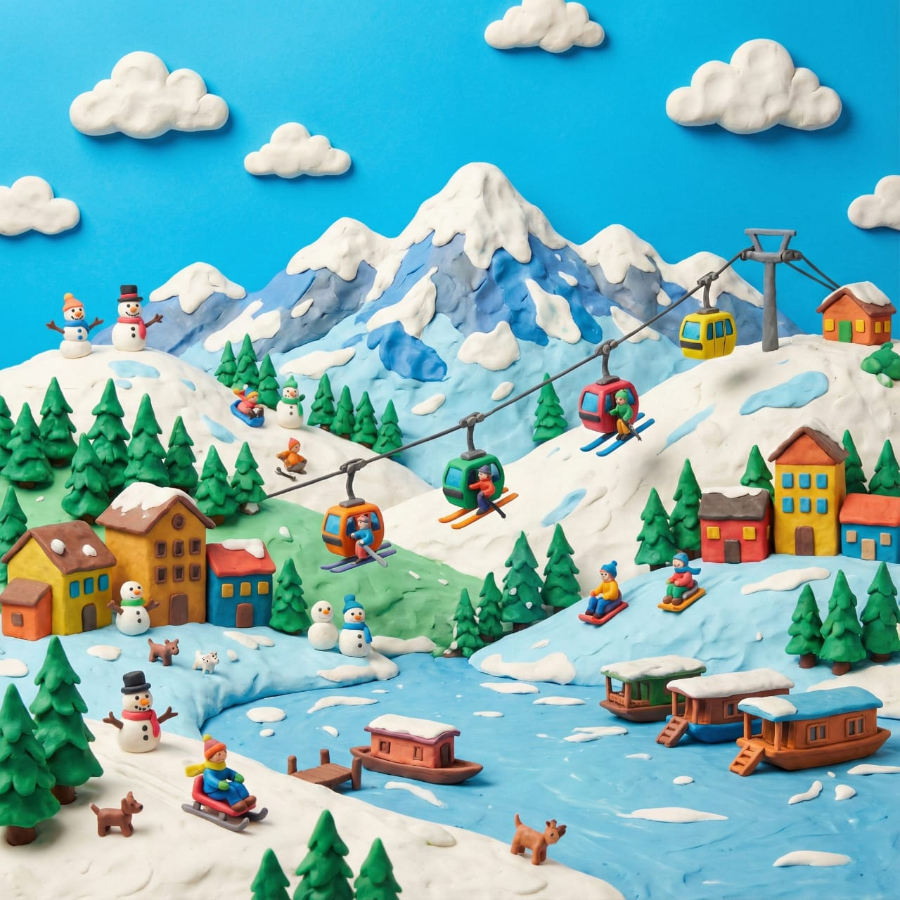 A colorful clay miniature landscape with vibrant buildings and trees under a bright azure sky, showcasing organic textures and playful details.