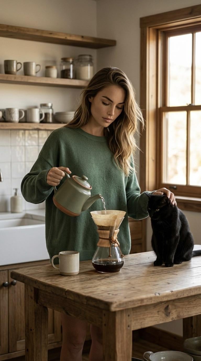 Wearing Soft Sage Green Knit Sweater Standing In Rustic Sunlit