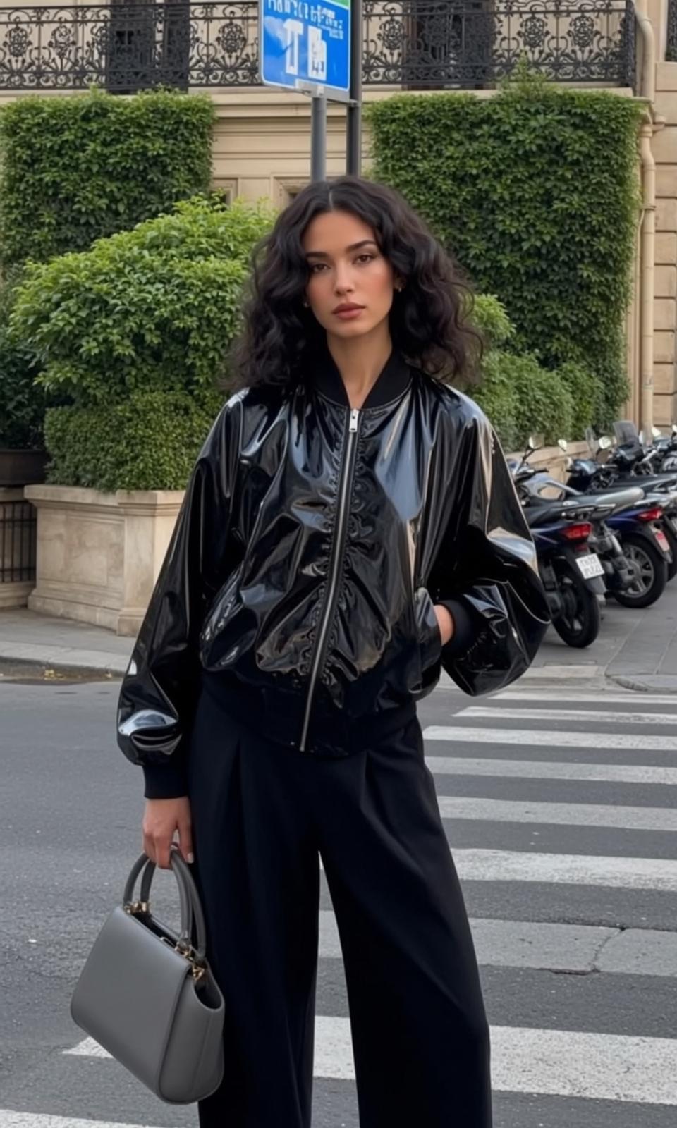 Woman Dark Wavy Hair Black Bomber Jacket City Street