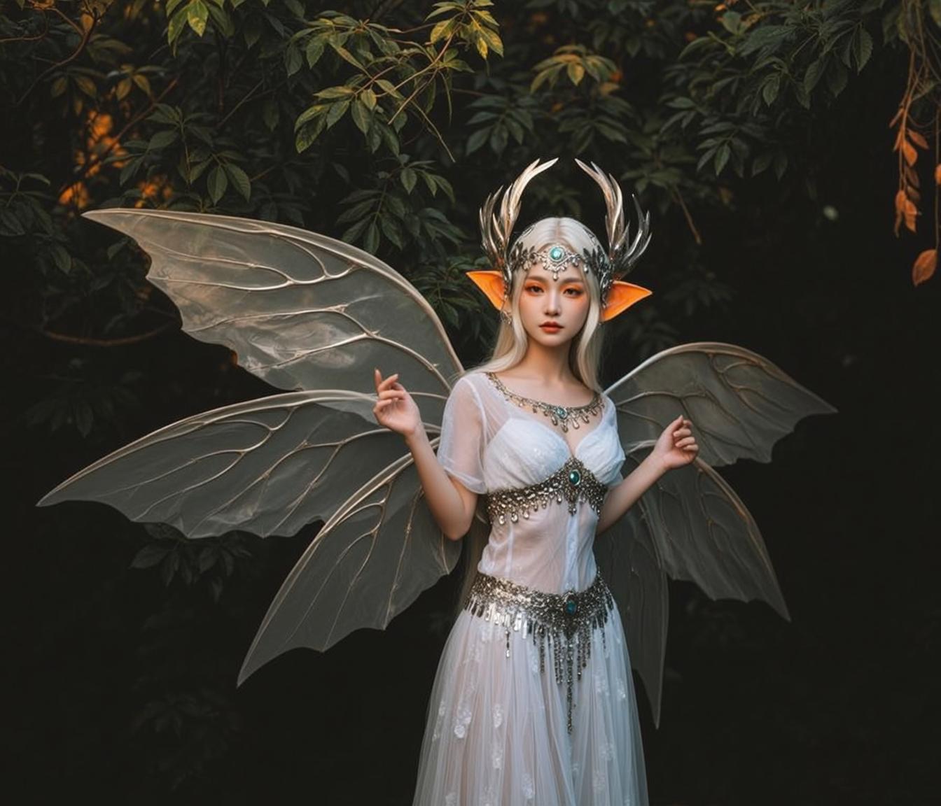 Fairy Wings and White Dress in Forest