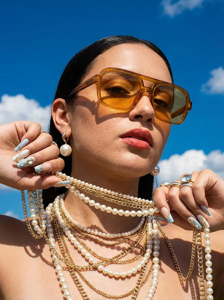 Sunglasses And Earrings And Rings And Manicure In Styled Portrait