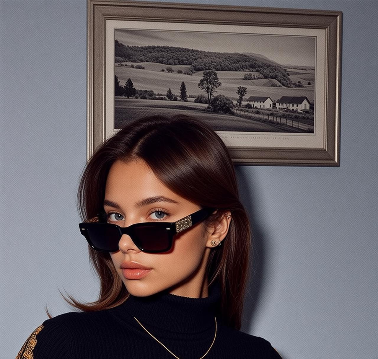 Black Turtleneck Gold Sunglasses Framed Painting
