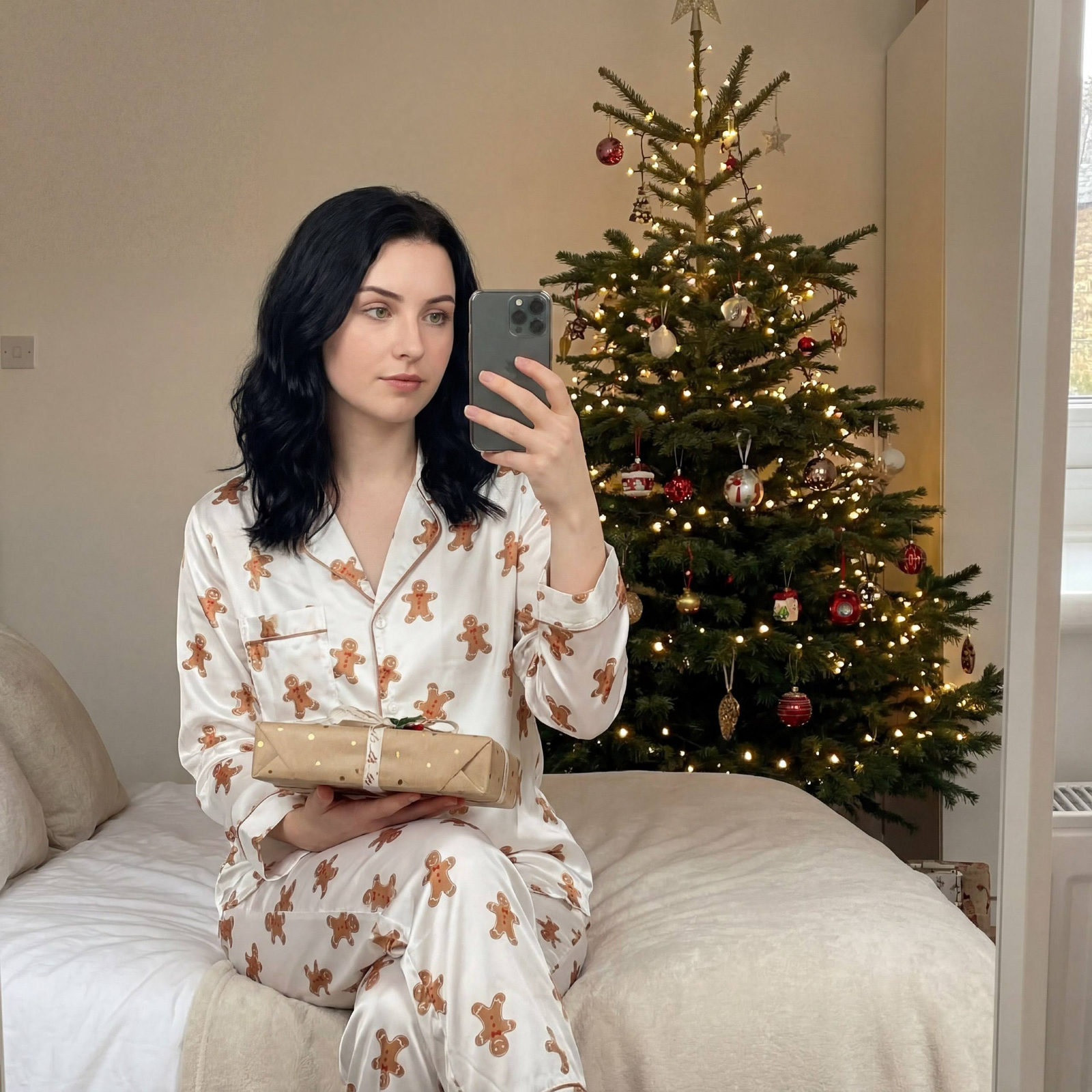 A girl in white silk pajamas with gingerbread patterns, taking a photo in a wide frameless mirror, holding a gift.