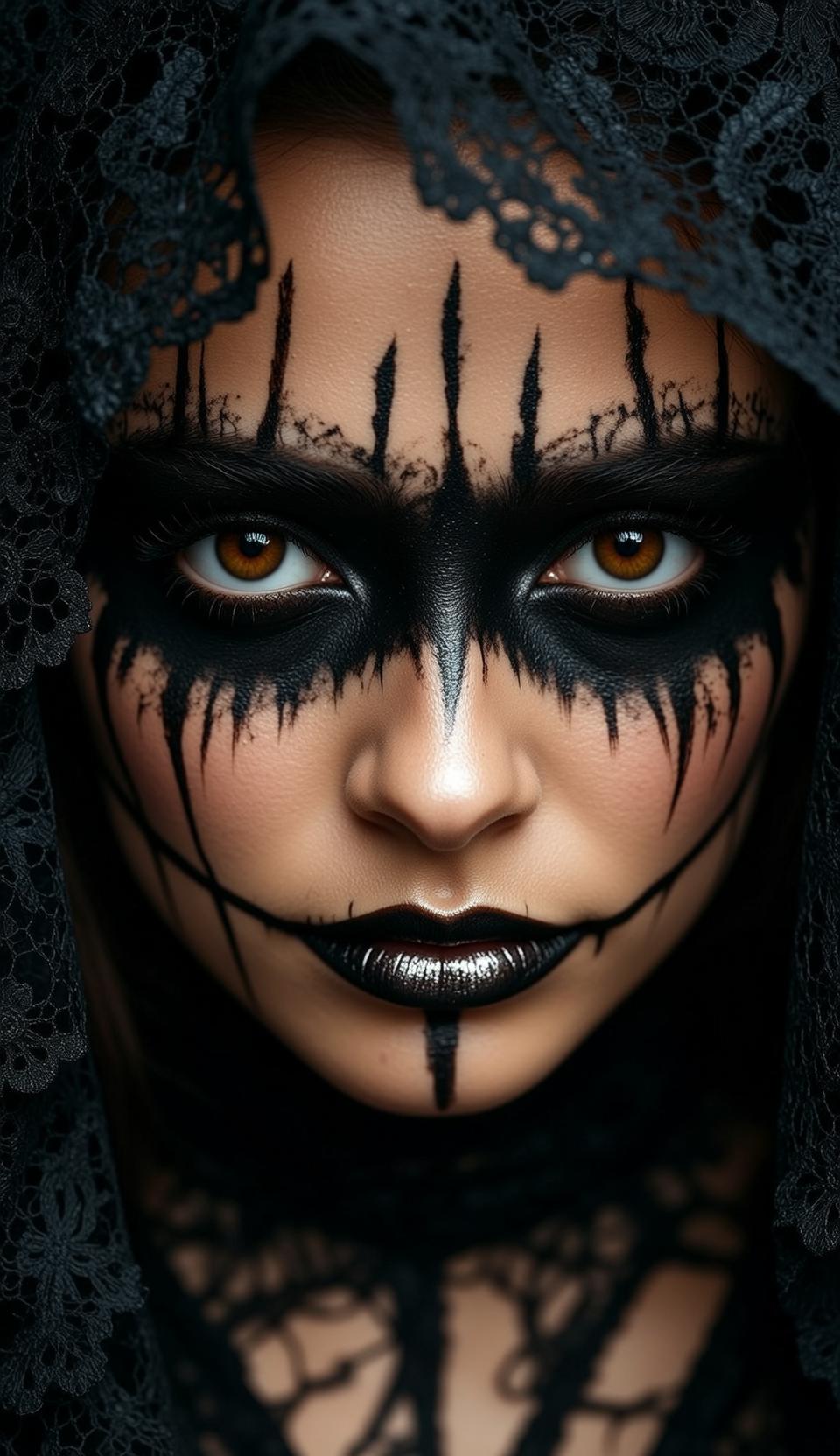 Halloween Makeup Tan Black Lace Hood Looking