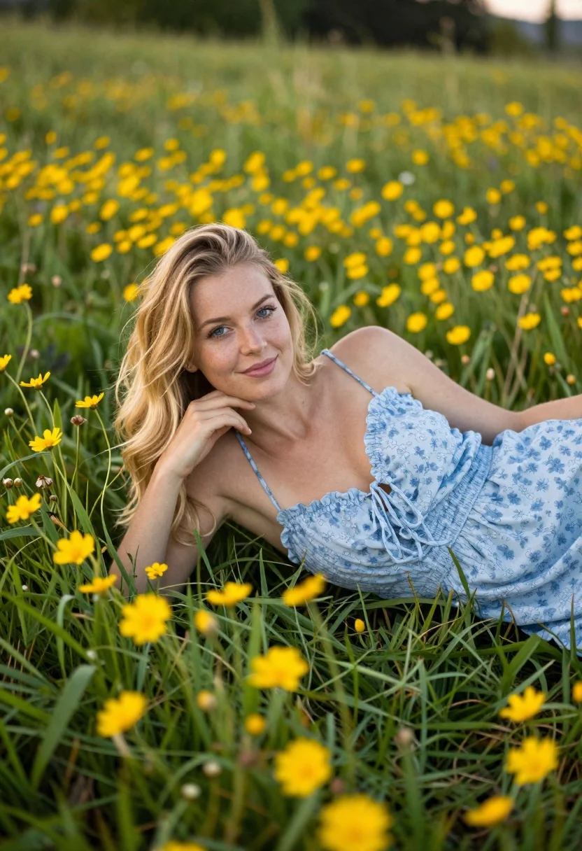 Photorealistic Portrait Young Woman Lying Lush Green Meadow Filled With reference photo