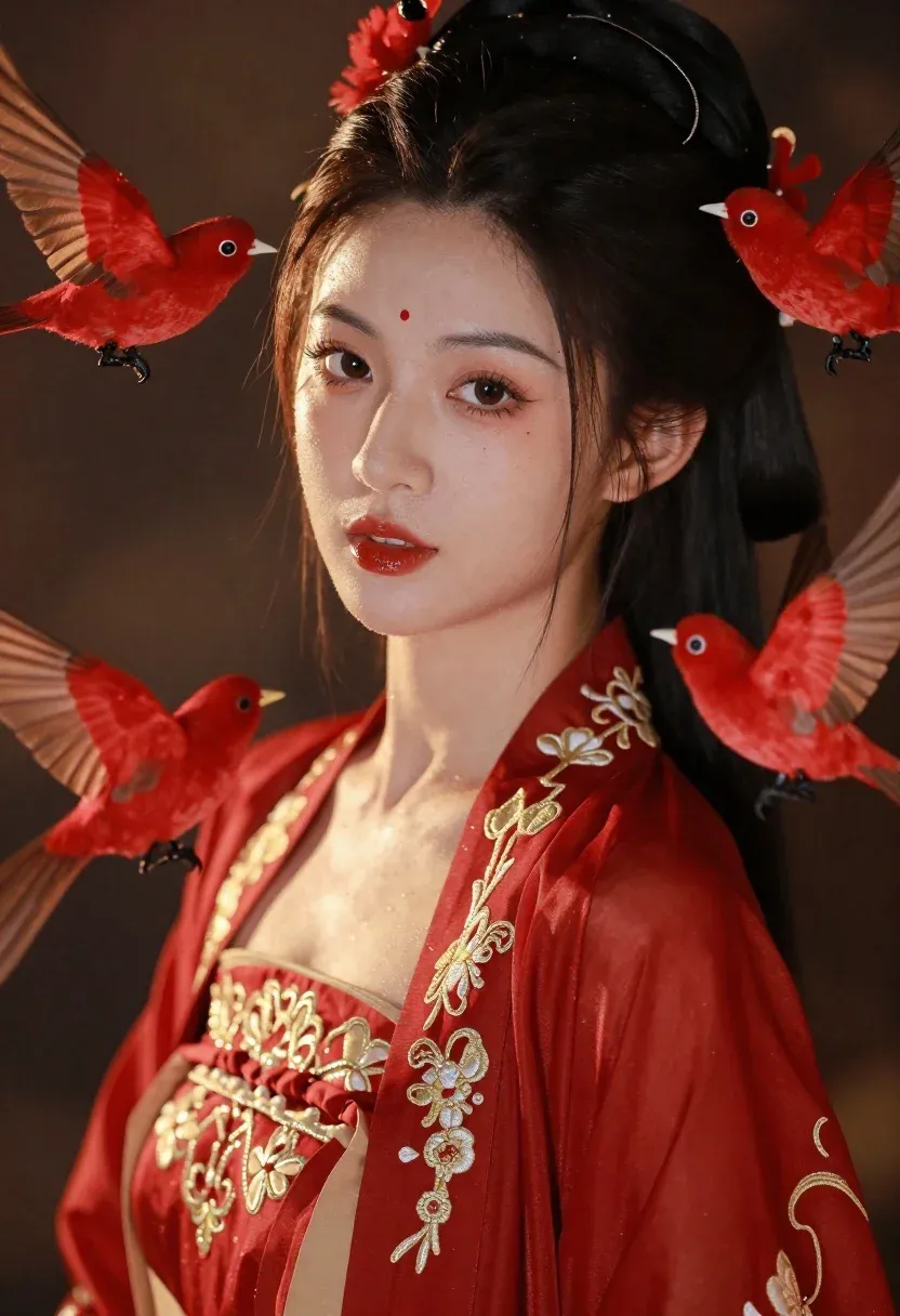 Portrait Young Woman Traditional Red Hanfu Surrounded Vibrant Crimson Birds