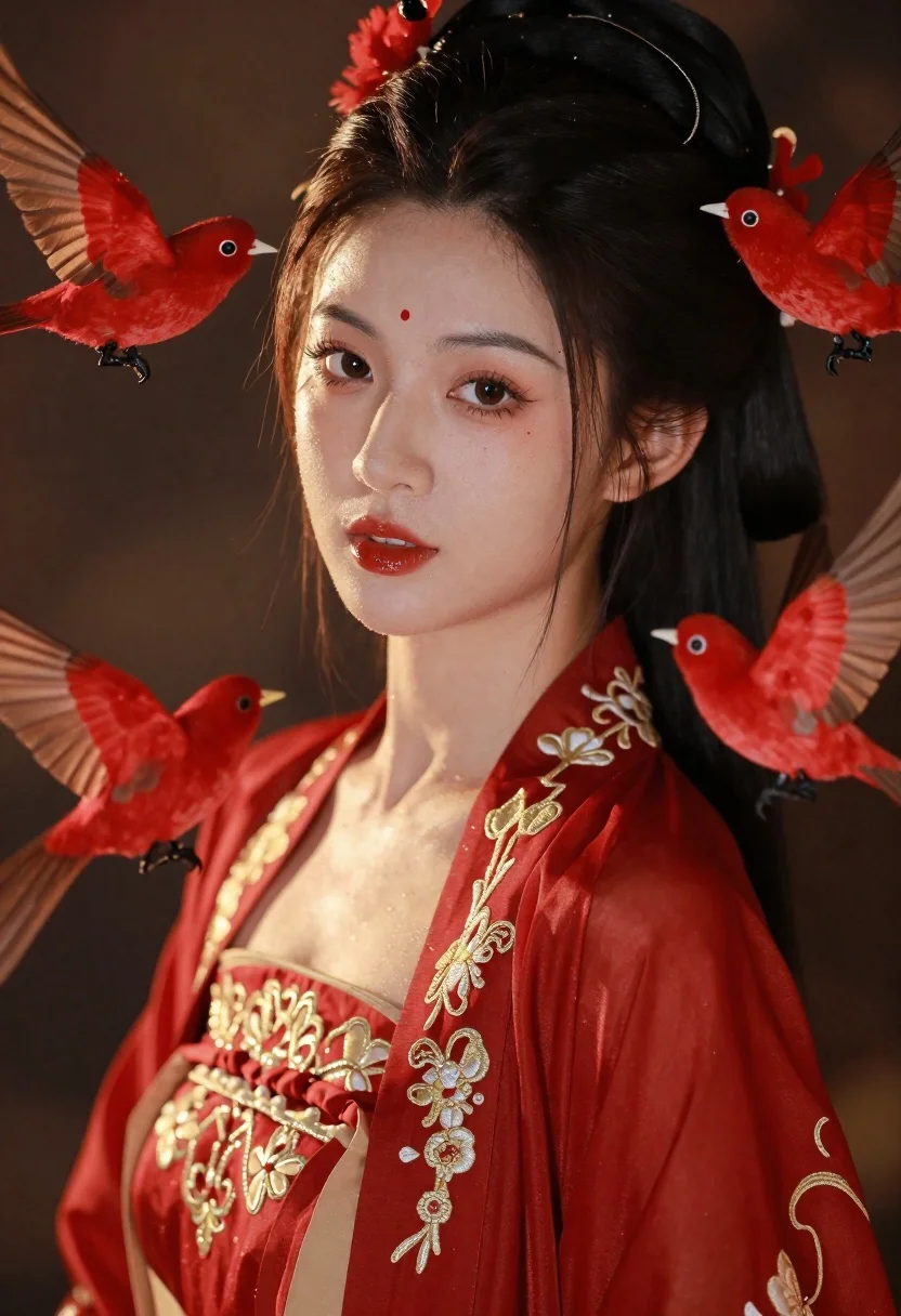 Portrait Young Woman Traditional Red Hanfu Surrounded Vibrant Crimson Birds reference photo