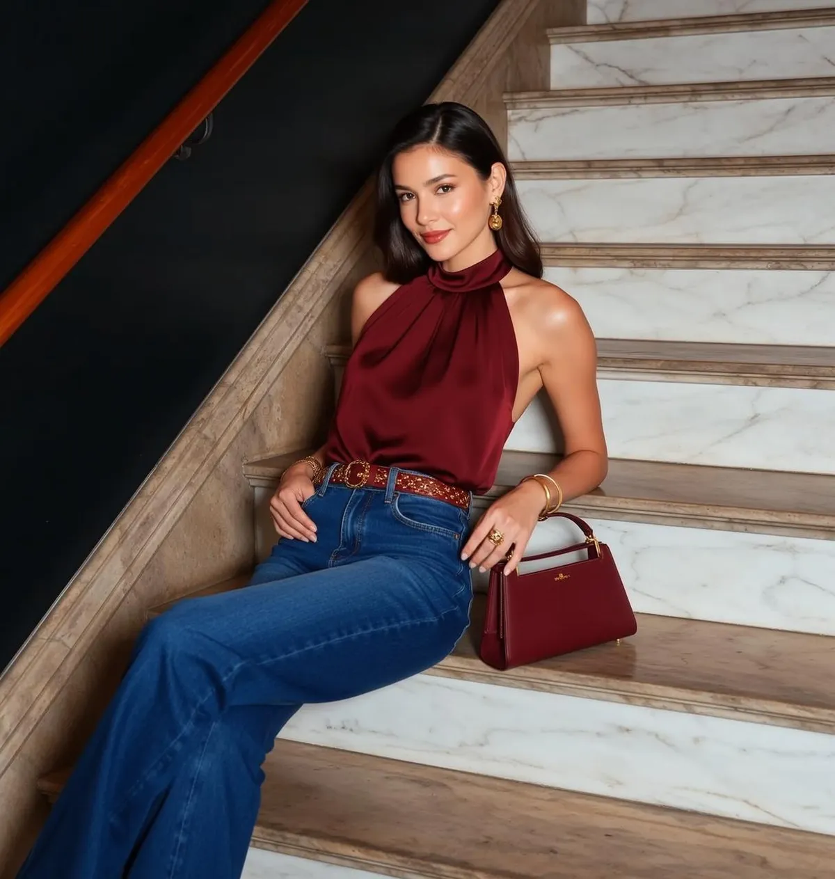 Earrings And Bracelets And Rings With Red Satin Top