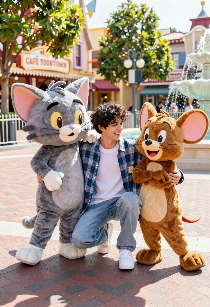 Cheerful Young Man Crouching Between Two Large Friendly Cartoon Character