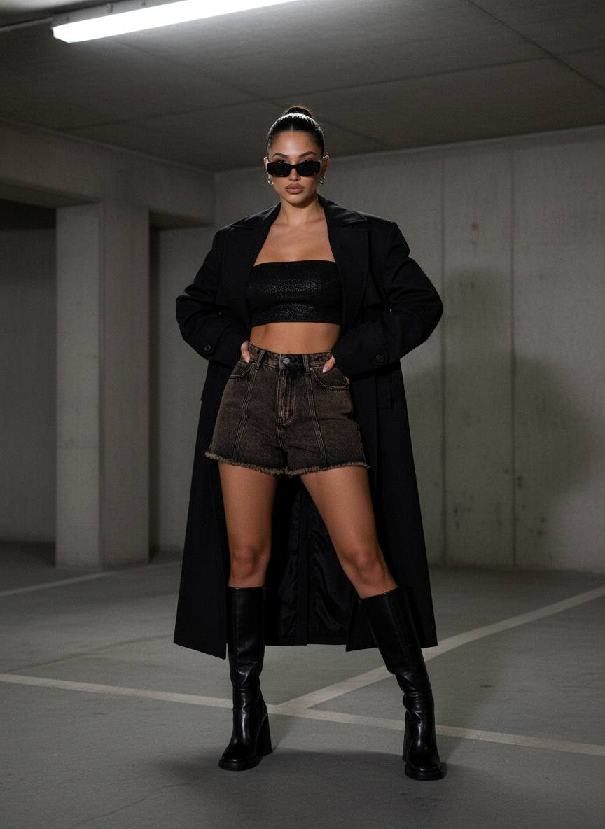 A confident woman in a sleek outfit stands in an underground parking garage, showcasing urban elegance against concrete walls.