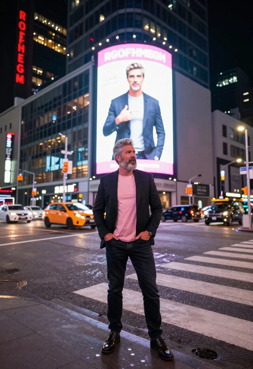 Nighttime Urban Street Scene With Stylish Man Standing The Foreground