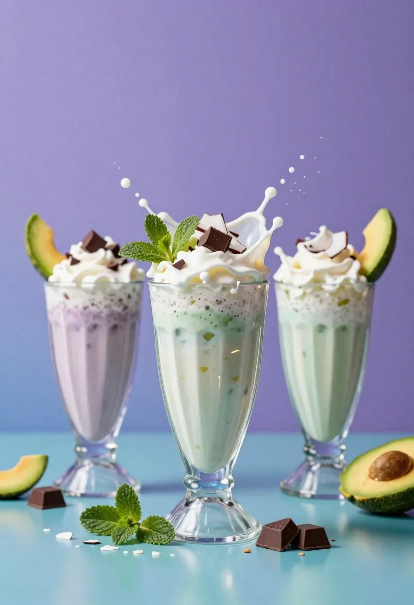 Three Vibrant Milkshakes Tall Glasses Explode With Splashing Liquid And