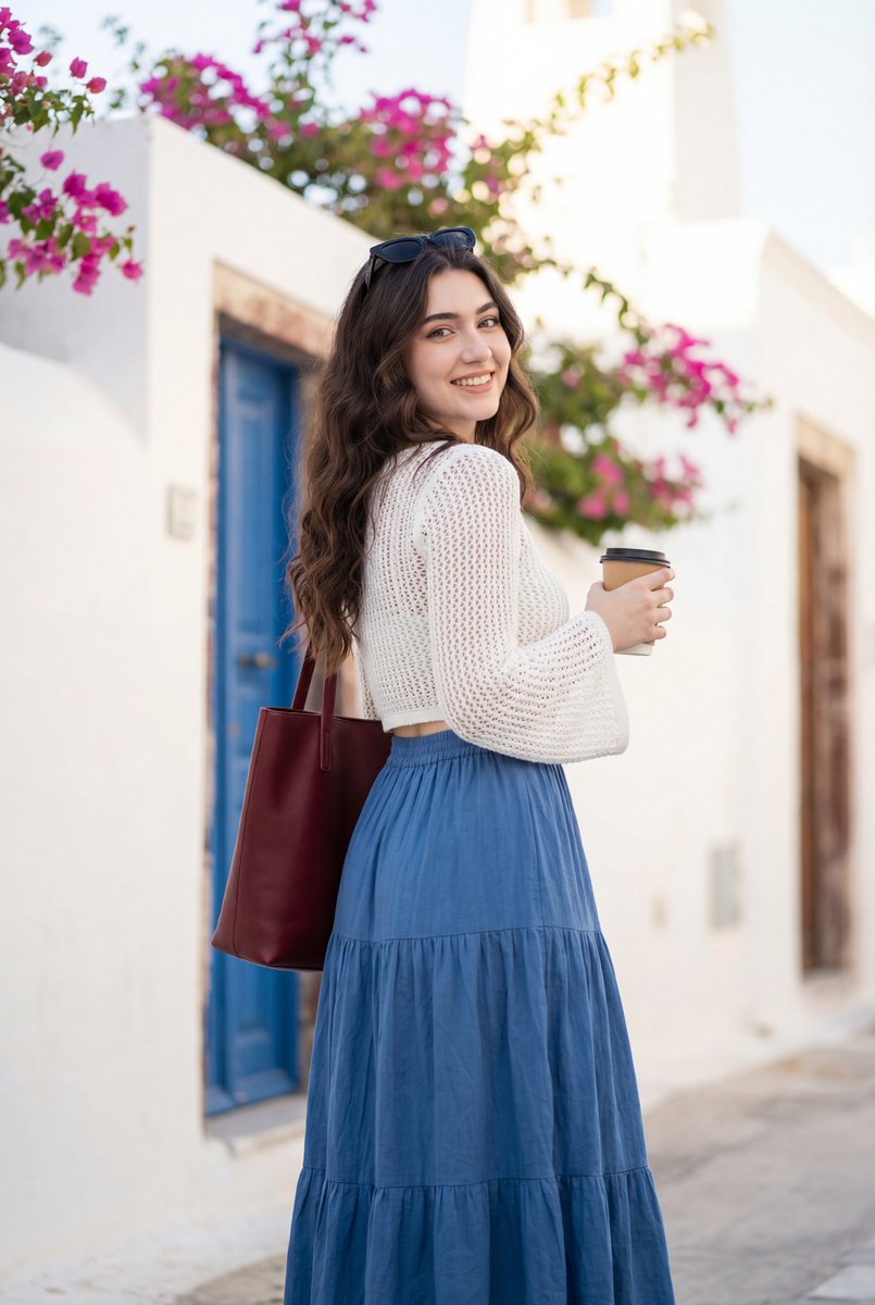 A cheerful woman in a white crochet top and blue tiered maxi skirt poses against a white stucco wall, holding a coffee cup.