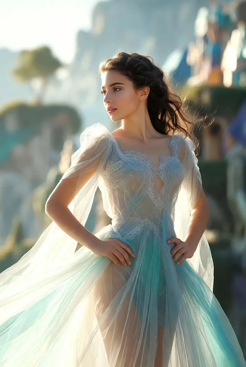 Ethereal Pale Blue Gown Outdoors Backlit By Sun