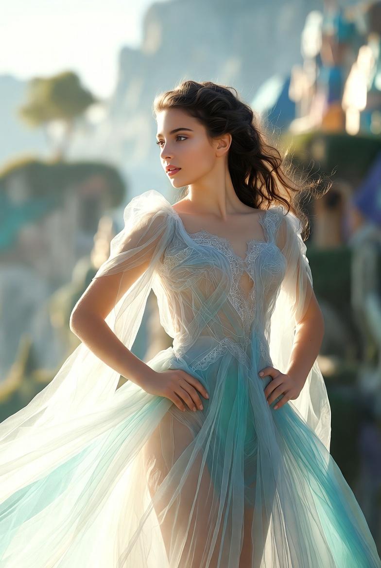 Ethereal Pale Blue Gown Outdoors Backlit By Sun